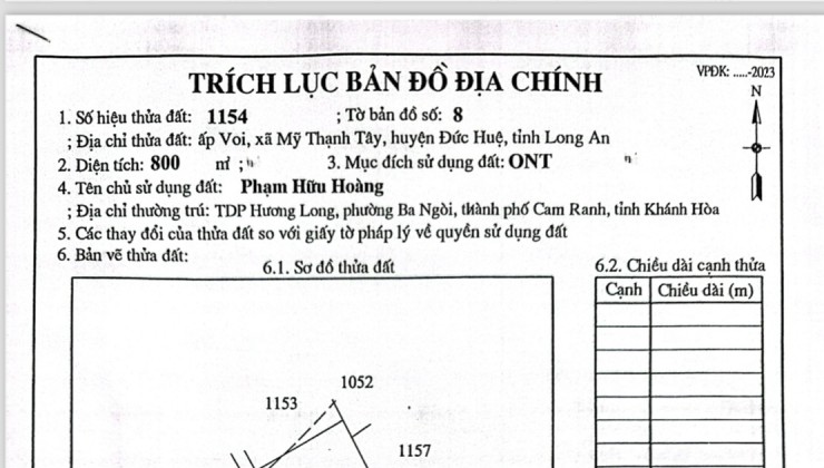 Bán lô đât đẹp 800m2 thổ cư ấp Voi, xã Mỹ Thạnh Tây, Đức Huệ, Long an