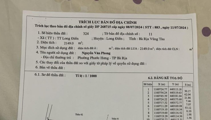 CHÍNH CHỦ Cần Bán Lô Đất Ruộng Tại Thị trấn Long Điền, Huyện Long Điền, Bà Rịa - Vũng Tàu