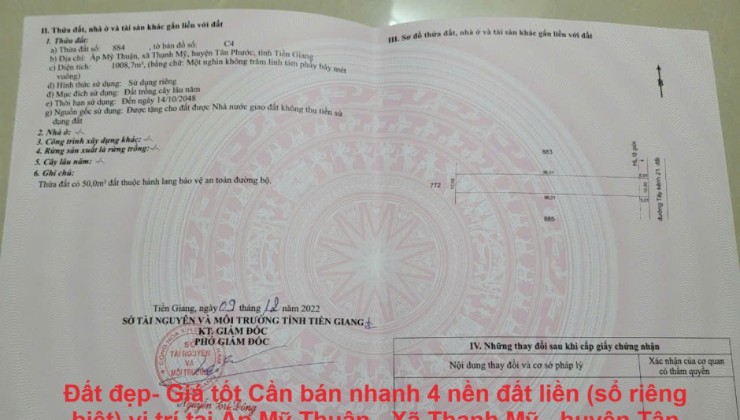 Đất đẹp- Giá tốt Cần bán nhanh 4 nền đất liền (sổ riêng biệt) vị trí tại huyện Tân Phước -Tiền Giang