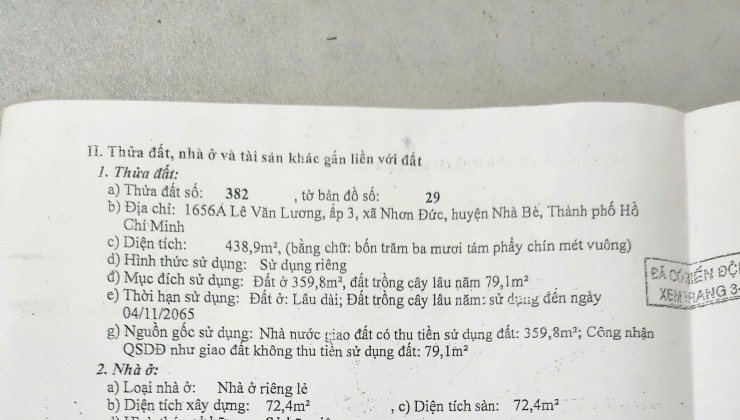 CHÍNH CHỦ BÁN ĐẤT MẶT TIỀN ĐƯỜNG LÊ VĂN LƯƠNG, XÃ NHƠN ĐỨC, HUYỆN NHÀ BÈ, GIÁ LÀ 21.5 TỶ