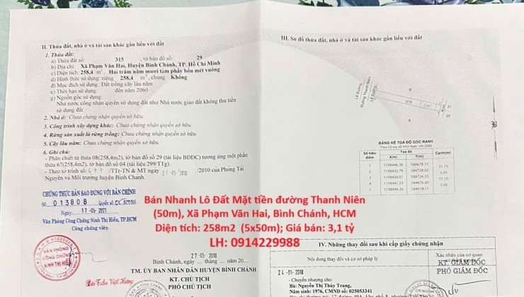 Bán Nhanh Lô Đất Mặt tiền đường Thanh Niên (50m), Xã Phạm Văn Hai, Bình Chánh, HCM