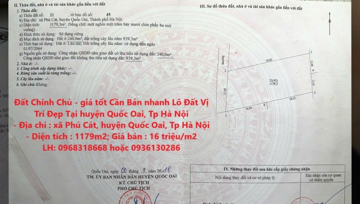 Đất Chính Chủ - giá tốt Cần Bán nhanh Lô Đất Vị Trí Đẹp Tại huyện Quốc Oai, Tp Hà Nội