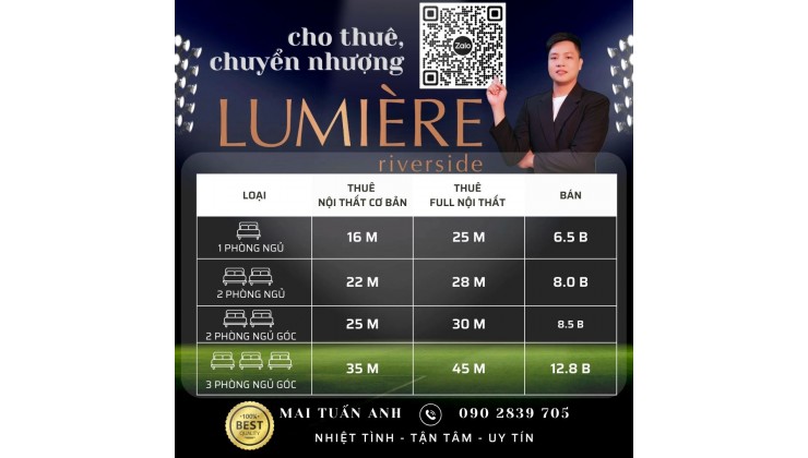 Cho thuê căn hộ Lumiere Riverside 3PN 93m², Full Nội thất, Tầng cao View đẹp, giá 40 tr/th