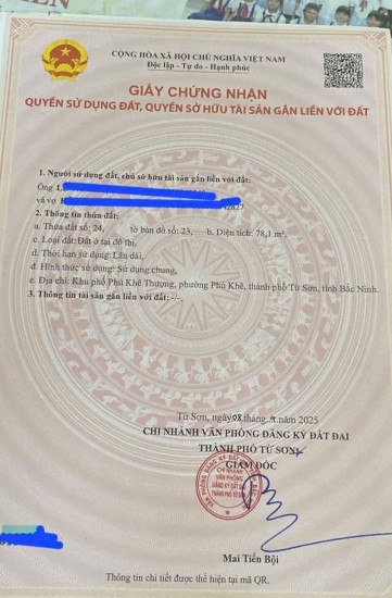BÁN LÔ GÓC 78,1M² – ĐƯỜNG Ô TÔ TRÁNH – PHÙ KHÊ, TỪ SƠN, BẮC NINH Giá chỉ: 3,2 tỷ – Chính chủ cần bán gấp