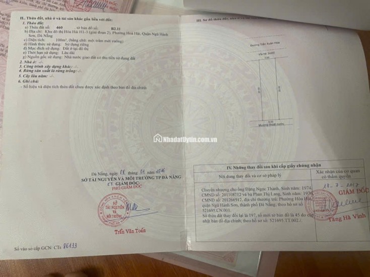 Bán đất đường TRẦN XUÂN HOÀ -Ngũ Hành Sơn , DT 100m2 giá 5ty9 LH 0942992361