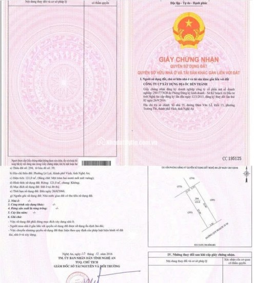 BÁN ĐẤT PHƯỜNG LÊ LỢI, TP.VINH - DT 121M2 VÀ 364M2 – SHR - GIÁ CHỈ TỪ 55TR/M2. LH:0903464999.