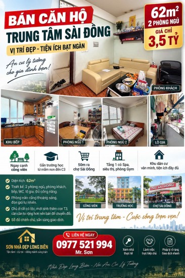  BÁN CĂN HỘ 62M² TRUNG TÂM SÀI ĐỒNG  GIÁ 3,5 TỶ 2 NGỦ ĐẦY ĐỦ NỘI THẤT 50M RA CHỢ SÀI ĐỒNG